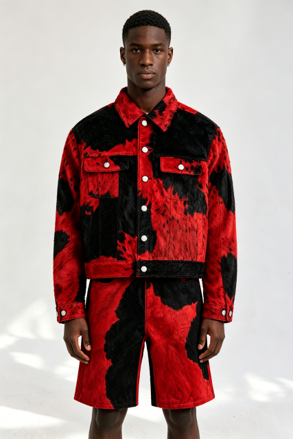 Custom Red‑Black Cow‑Print Faux Fur Trucker Jacket & Shorts Set | Men Cropped Boxy Streetwear 2‑Piece Co‑ord Outfit