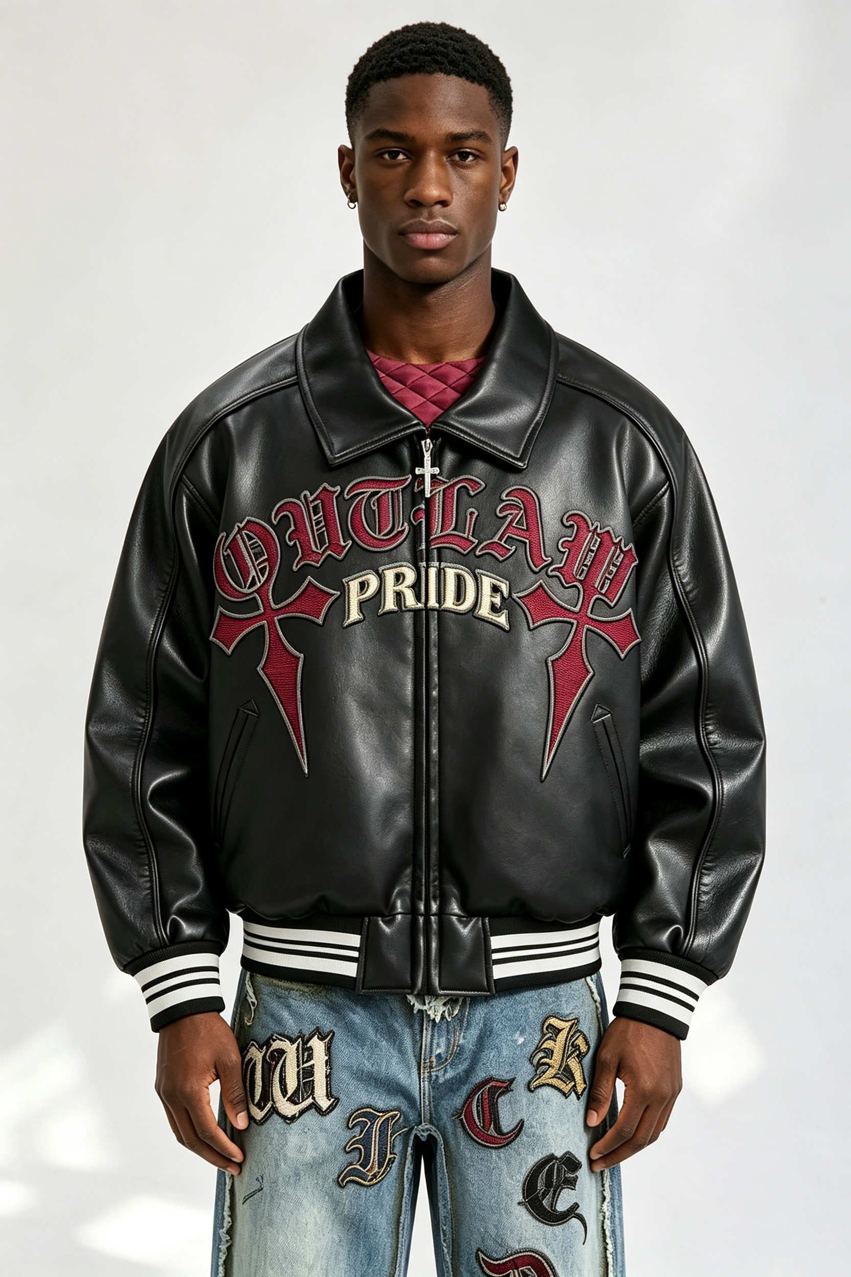 Custom Gothic "Outlaw Pride" Cross Embroidered Faux Leather Varsity Jacket | Men Cropped Boxy Streetwear Bomber