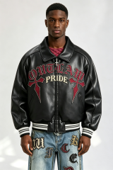 Custom Gothic "Outlaw Pride" Cross Embroidered Faux Leather Varsity Jacket | Men Cropped Boxy Streetwear Bomber