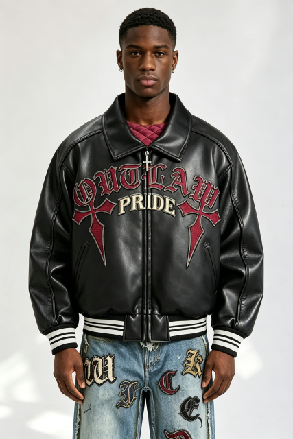 Custom Gothic "Outlaw Pride" Cross Embroidered Faux Leather Varsity Jacket | Men Cropped Boxy Streetwear Bomber