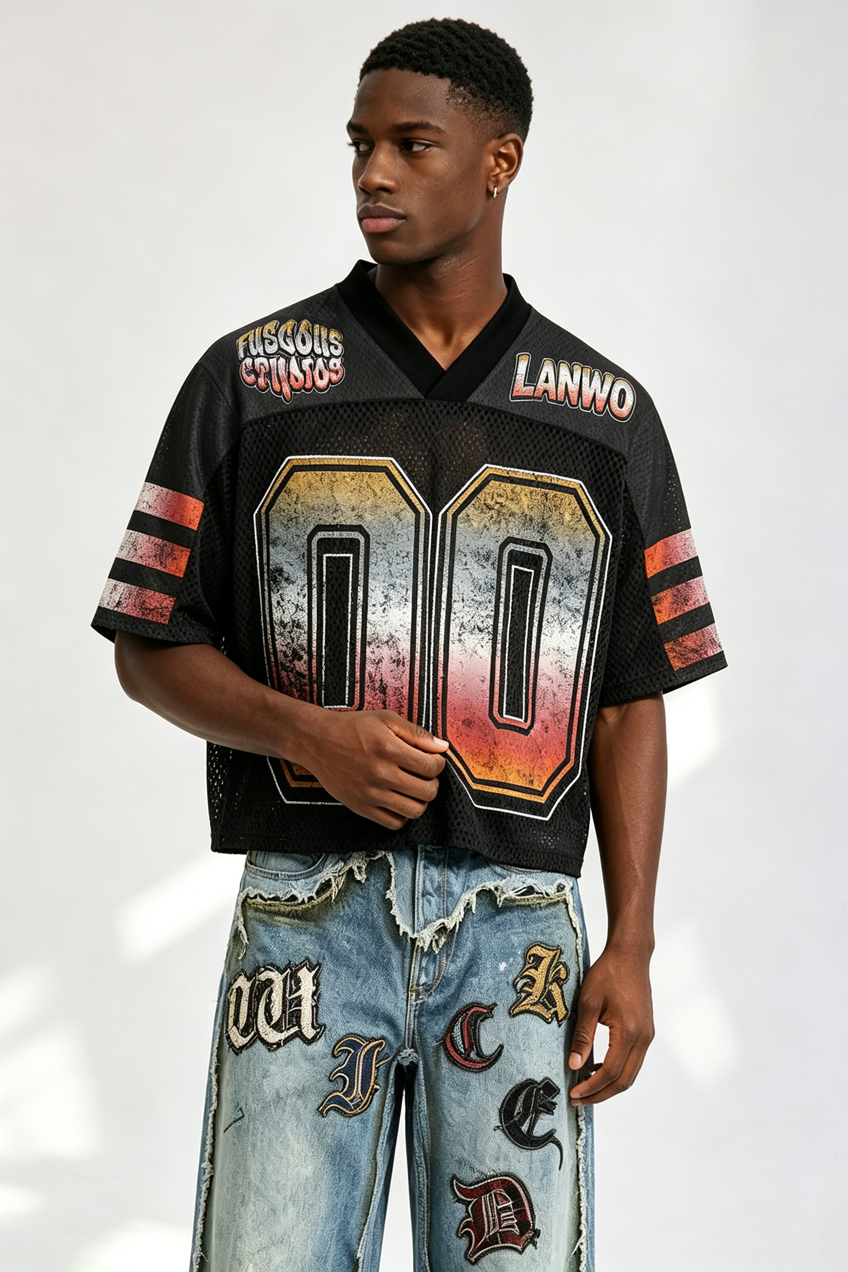 Custom Vintage Gradient "00" Number Mesh Football Jersey | Men Cropped Boxy Streetwear Short‑Sleeve Sport Top
