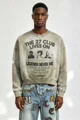 Custom Vintage Wash Distressed “The 27 Club” Rock‑n‑Roll Cropped Crewneck Sweatshirt | Men Destroyed Oversized Streetwear Pullover