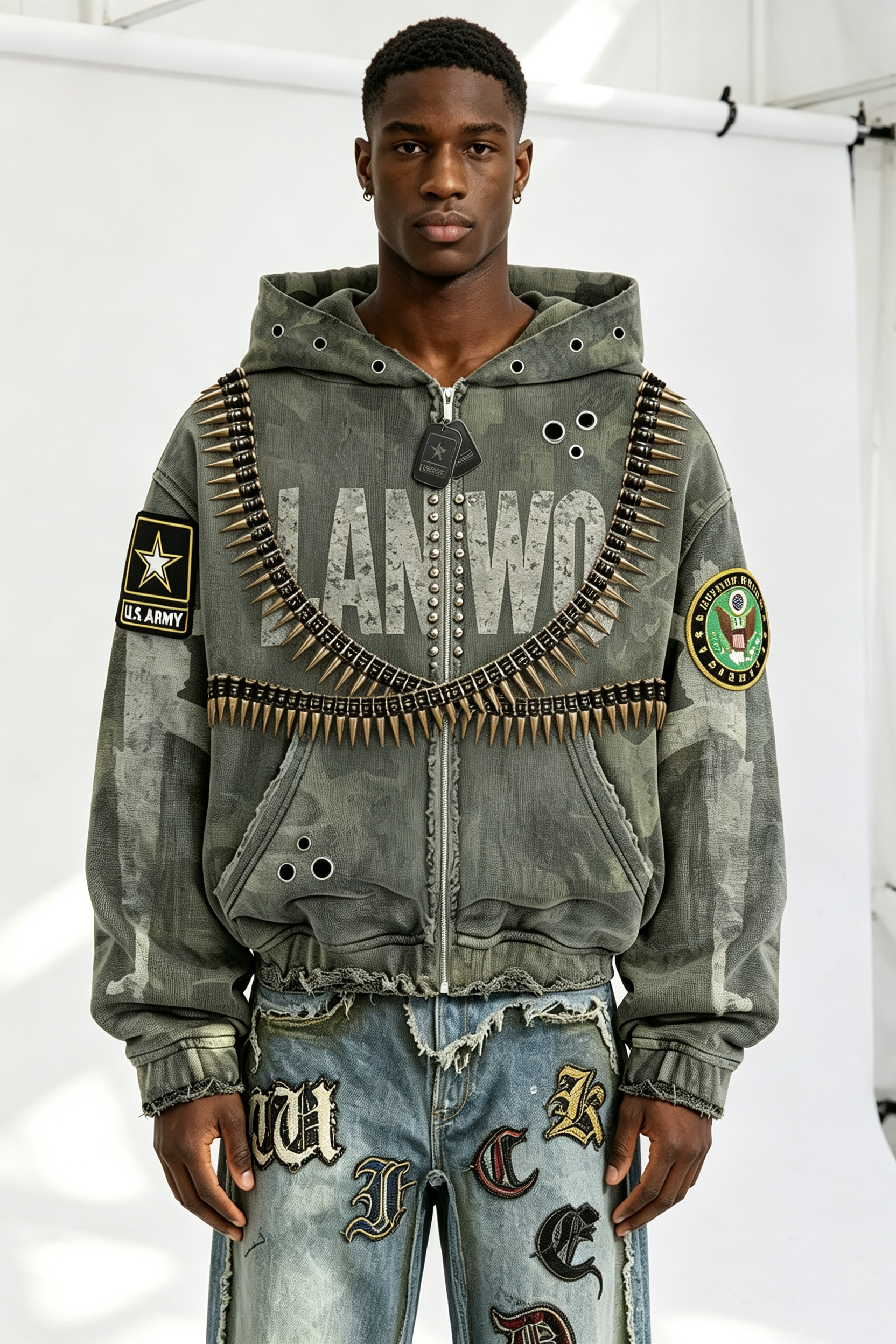 Custom Camo Military Bullet‑Chain Embellished Zip‑Up Hoodie | Men Distressed Army‑Patch Oversized Streetwear Jacket