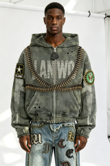 Custom Camo Military Bullet‑Chain Embellished Zip‑Up Hoodie | Men Distressed Army‑Patch Oversized Streetwear Jacket