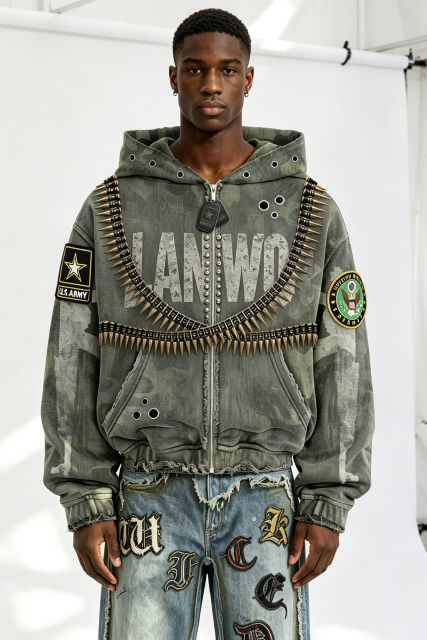 Custom Camo Military Bullet‑Chain Embellished Zip‑Up Hoodie | Men Distressed Army‑Patch Oversized Streetwear Jacket