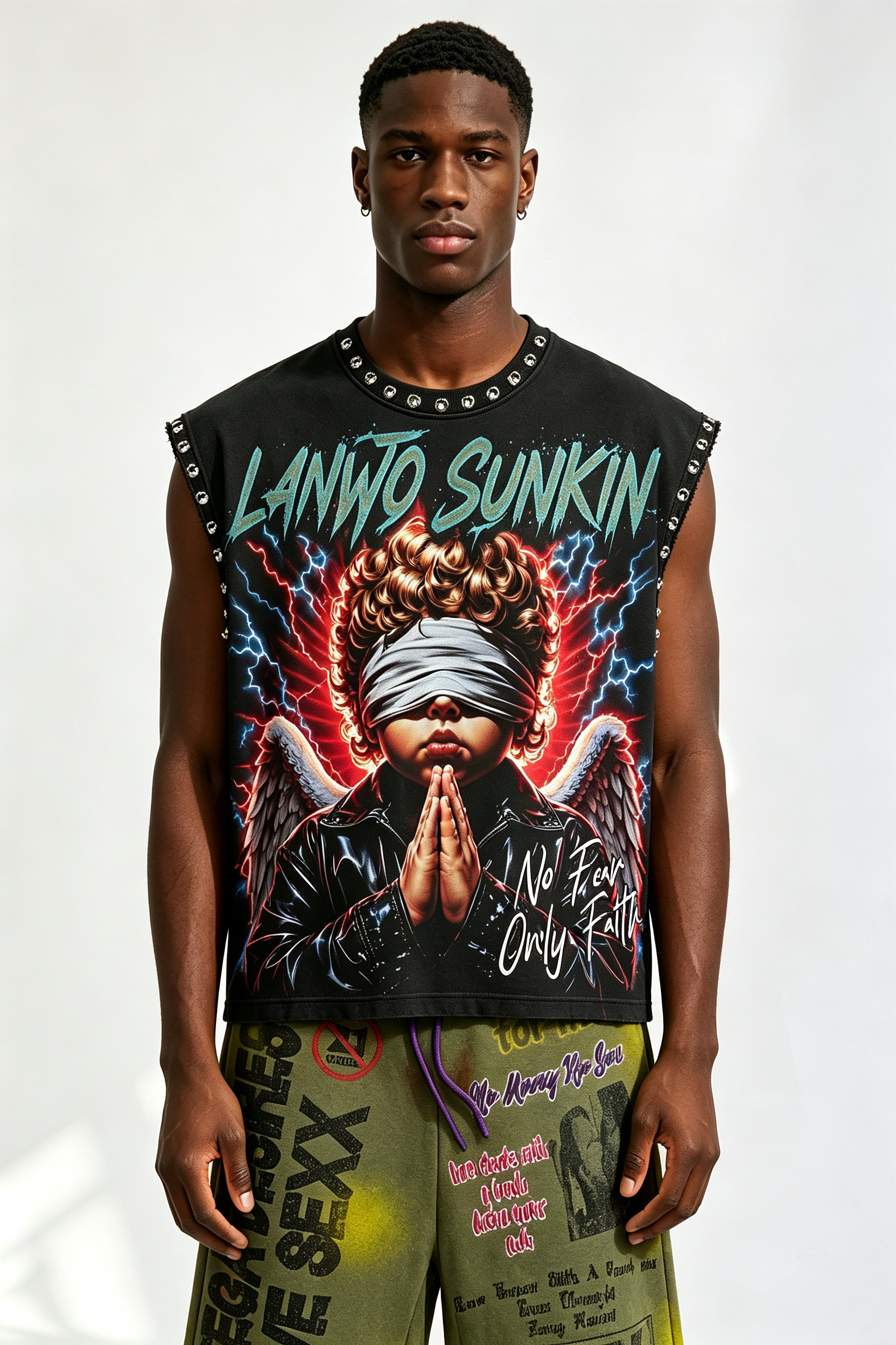 Custom Rhinestone‑Trimmed “No Fear Only Faith” Angel Graphic Sleeveless Cut‑Off Tank | Men Oversized Gothic Streetwear Cropped Vest