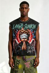 Custom Rhinestone‑Trimmed “No Fear Only Faith” Angel Graphic Sleeveless Cut‑Off Tank | Men Oversized Gothic Streetwear Cropped Vest
