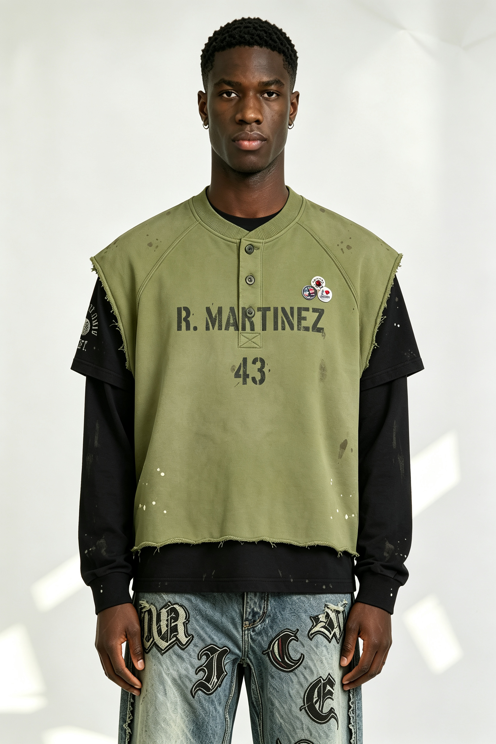 Custom R. Martinez 43 Layered Look Paint Splatter Henley Vest Over Long Sleeve Tee | Men Distressed Streetwear 2-in-1 Top