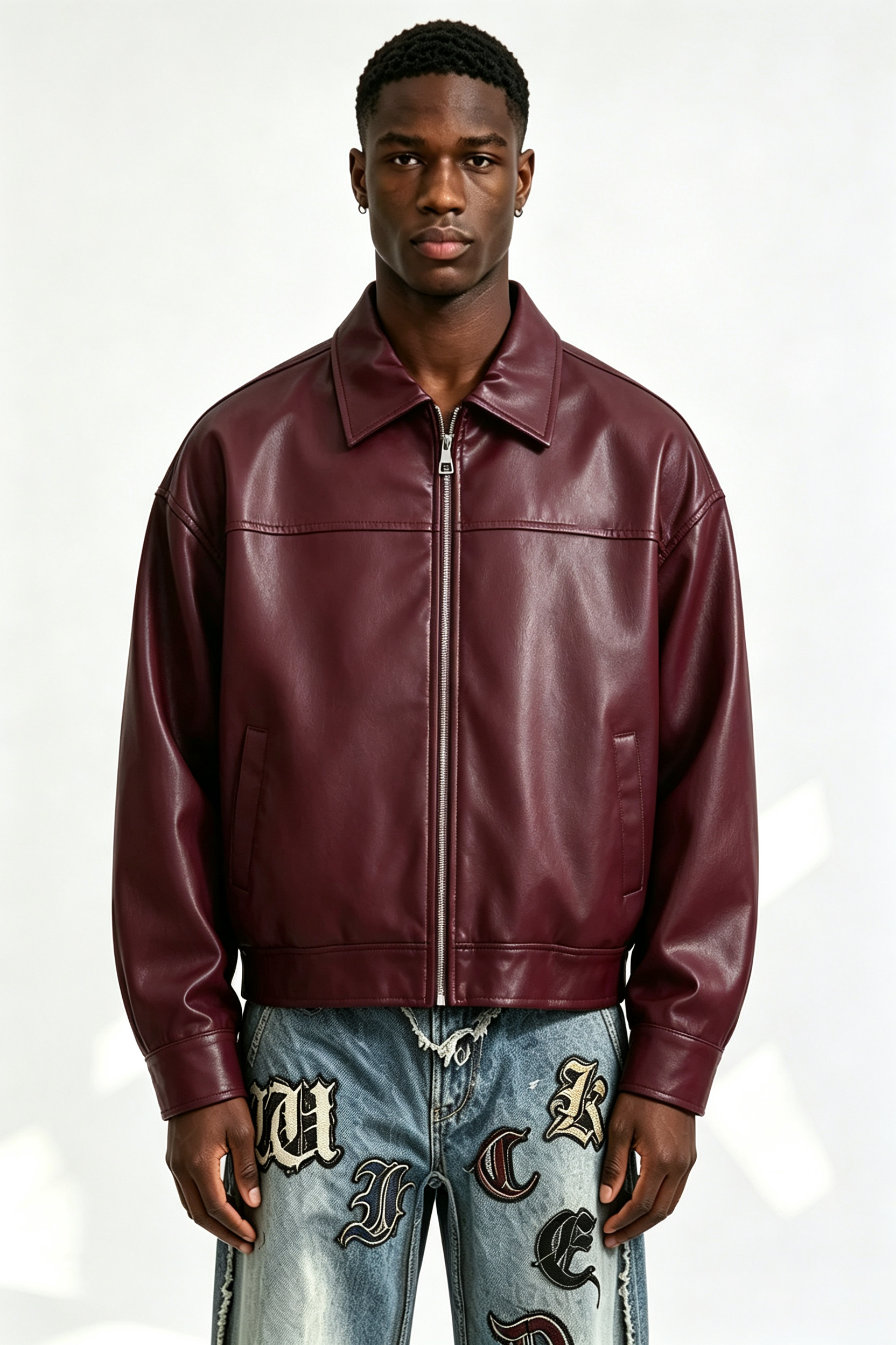 Custom Burgundy Plain Faux Leather Cropped Collar Zip Jacket | Men Oversized Boxy Retro Streetwear Bomber