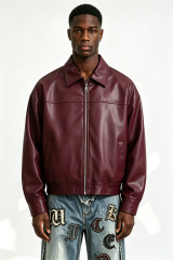 Custom Burgundy Plain Faux Leather Cropped Collar Zip Jacket | Men Oversized Boxy Retro Streetwear Bomber