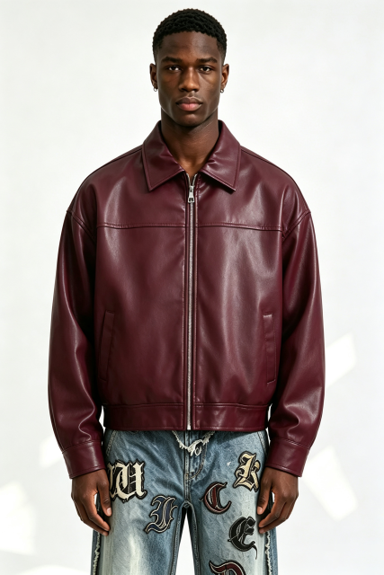 Custom Burgundy Plain Faux Leather Cropped Collar Zip Jacket | Men Oversized Boxy Retro Streetwear Bomber