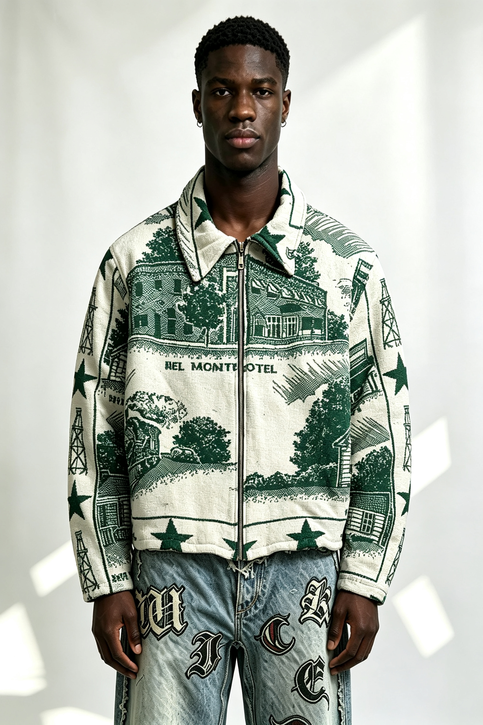 Custom El Monte Motel Green Scenic Tapestry Jacquard Zip Jacket | Men Vintage Townscape Woven Graphic Collared Streetwear Jacket