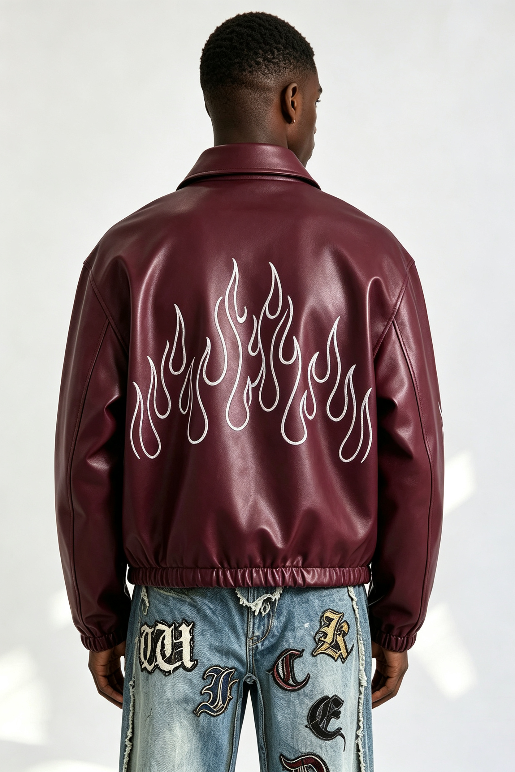 Custom Burgundy Faux Leather Flame Outline Embroidered Zip Jacket | Men Oversized Cropped Streetwear Bomber