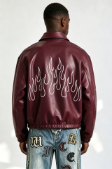 Custom Burgundy Faux Leather Flame Outline Embroidered Zip Jacket | Men Oversized Cropped Streetwear Bomber