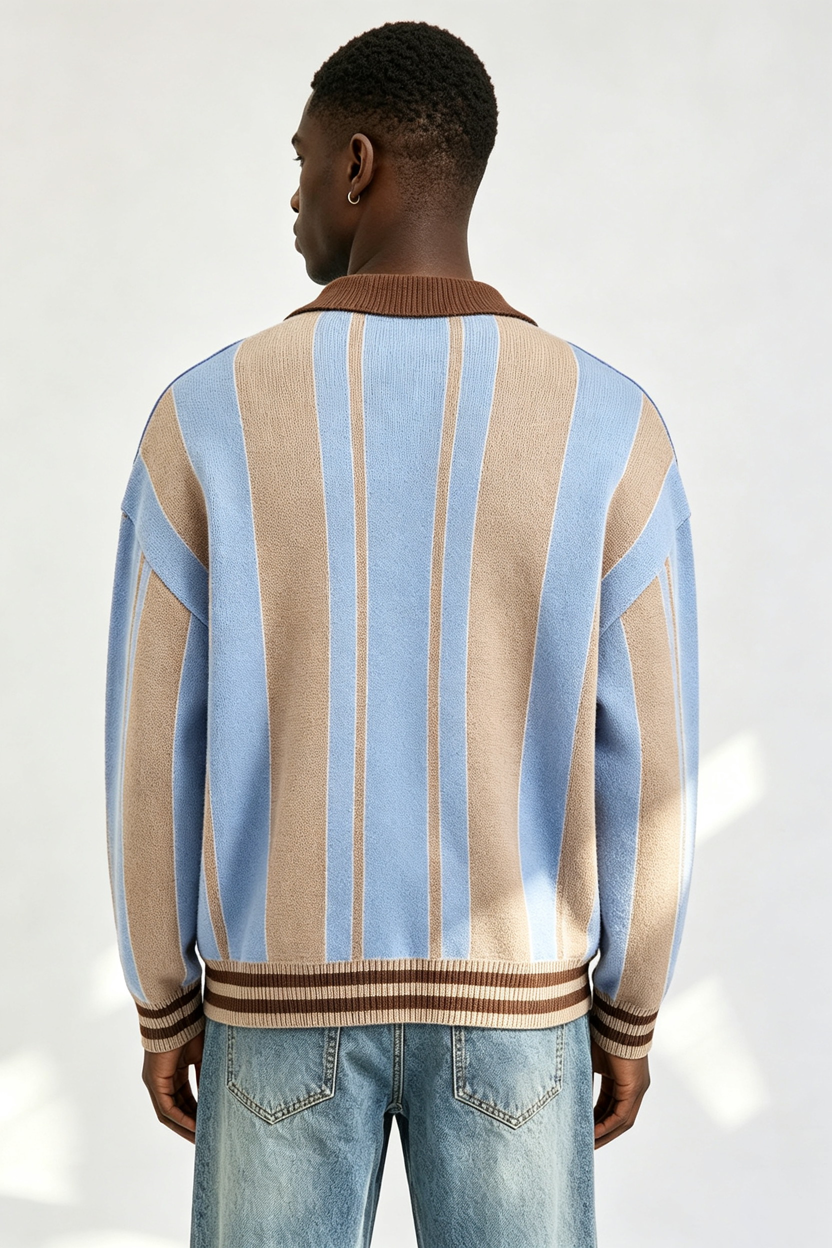 Custom Retro Striped Polo Collar Knit Sweater | Men Gothic Number 69 Crest Embroidered Oversized Streetwear Jumper
