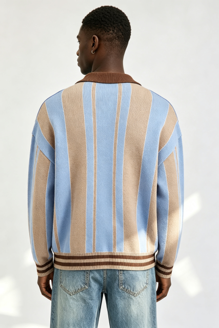 Custom Retro Striped Polo Collar Knit Sweater | Men Gothic Number 69 Crest Embroidered Oversized Streetwear Jumper