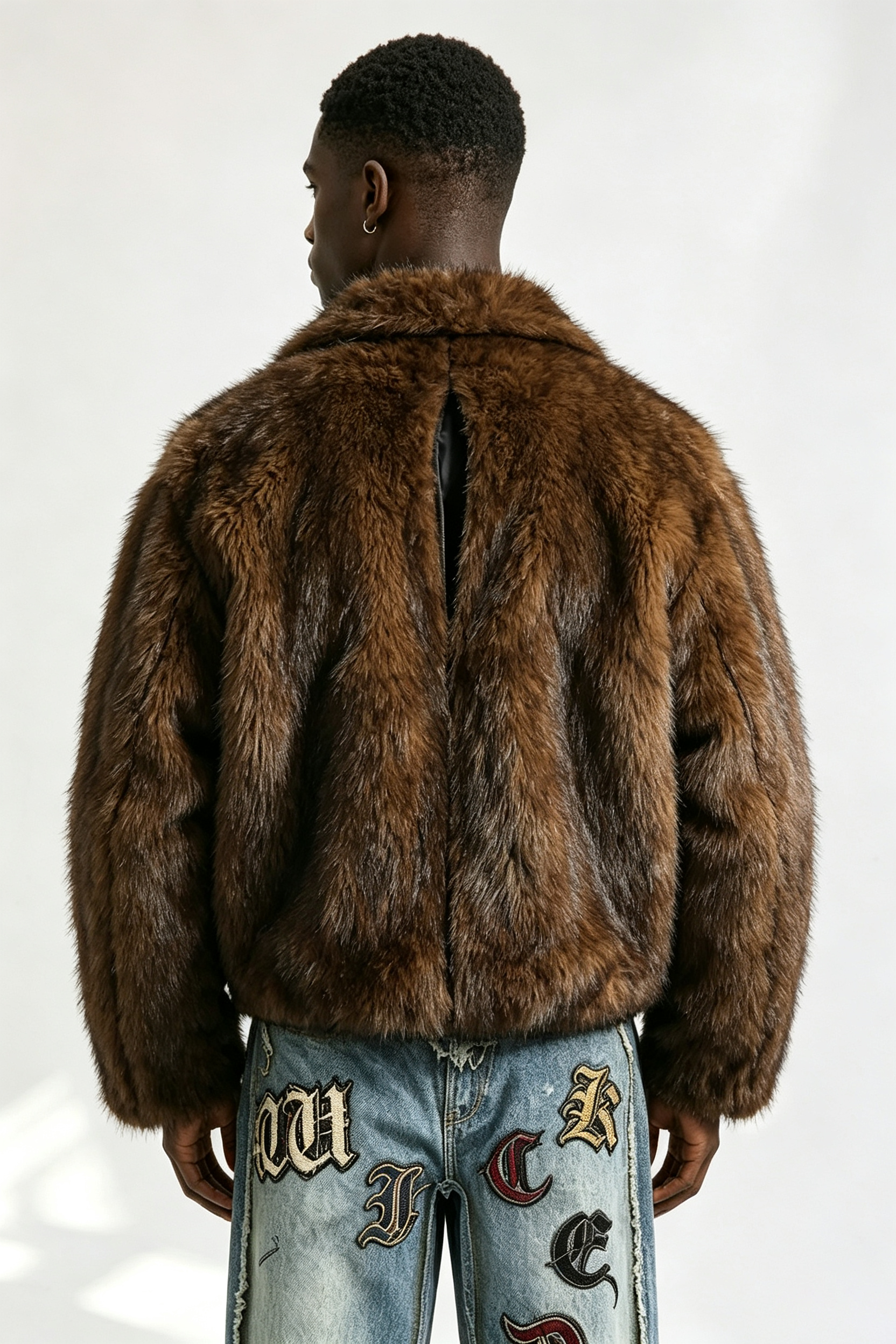 Custom Brown Gradient Faux Fur Lapel Jacket | Men Cropped Boxy Oversized Luxe Streetwear Outerwear