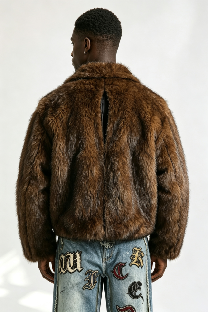 Custom Brown Gradient Faux Fur Lapel Jacket | Men Cropped Boxy Oversized Luxe Streetwear Outerwear