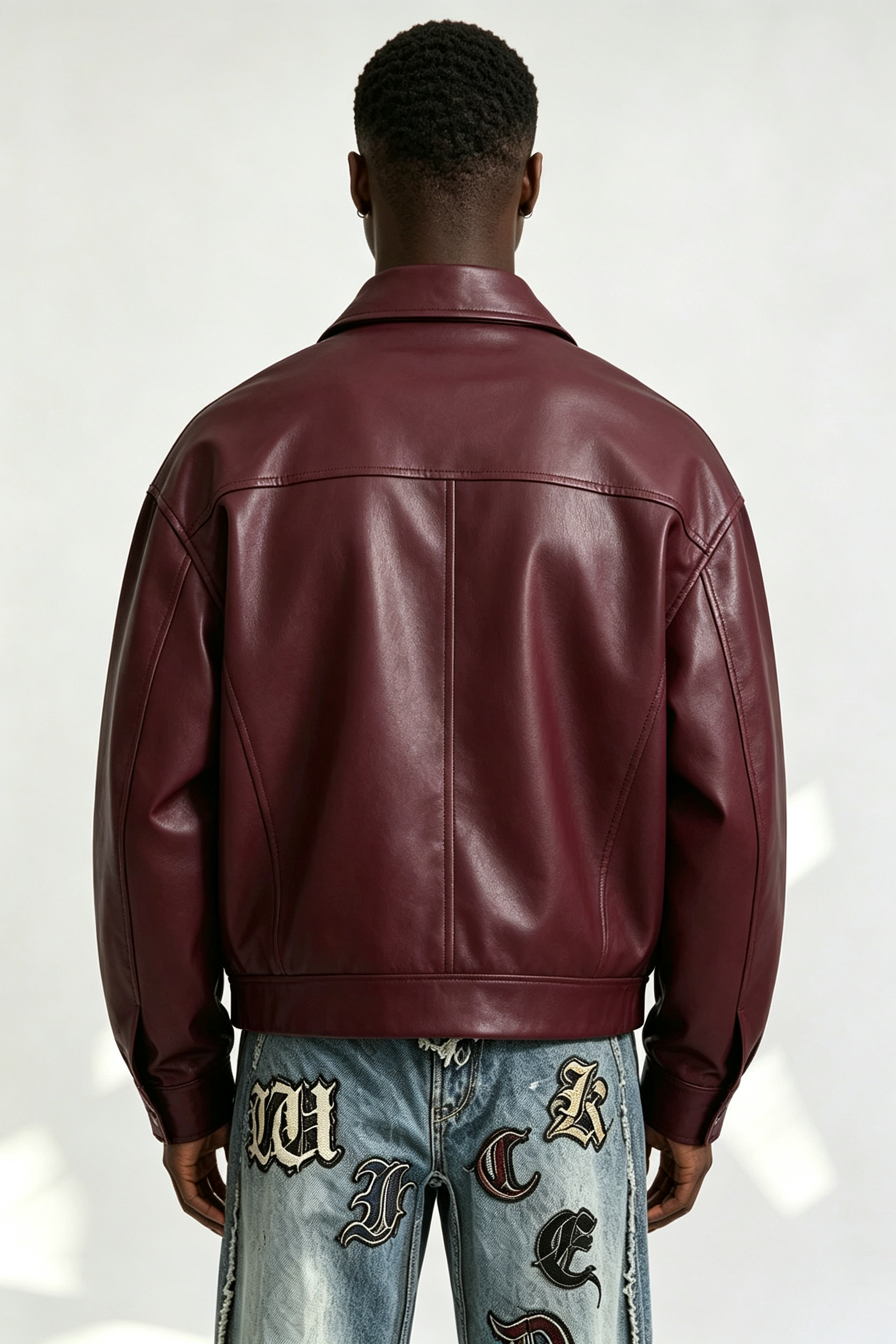 Custom Burgundy Plain Faux Leather Cropped Collar Zip Jacket | Men Oversized Boxy Retro Streetwear Bomber