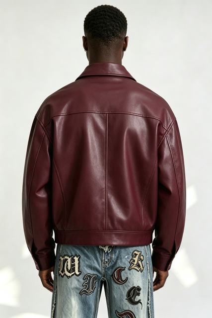 Custom Burgundy Plain Faux Leather Cropped Collar Zip Jacket | Men Oversized Boxy Retro Streetwear Bomber