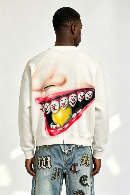 Custom Off White Crewneck Sweatshirt | Men Oversized Cropped Raglan Sleeve Clown Mouth Graphic Print Streetwear Jumper