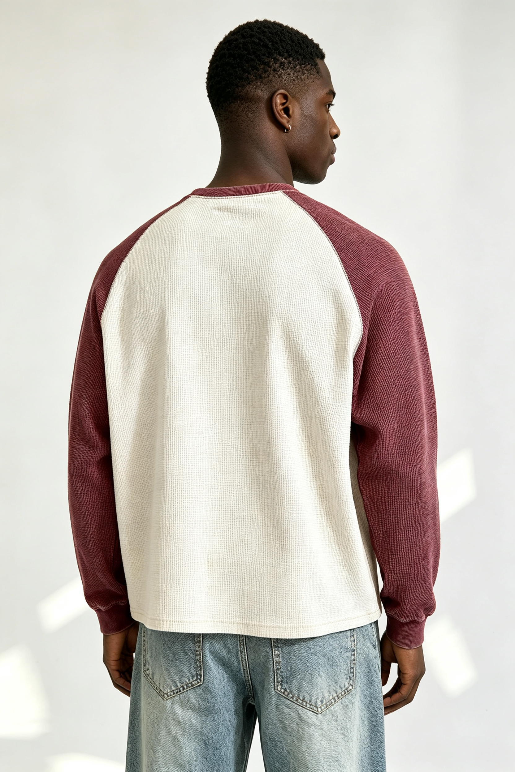 Custom Burgundy Off White Waffle Raglan Long Sleeve Tee | Men Cropped Boxy Vintage Embroidered Streetwear Top