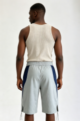 Custom Grey Navy Color Block Side Panel Drawstring Knee Length Shorts | Men Relaxed Wide Leg Streetwear Sports Shorts