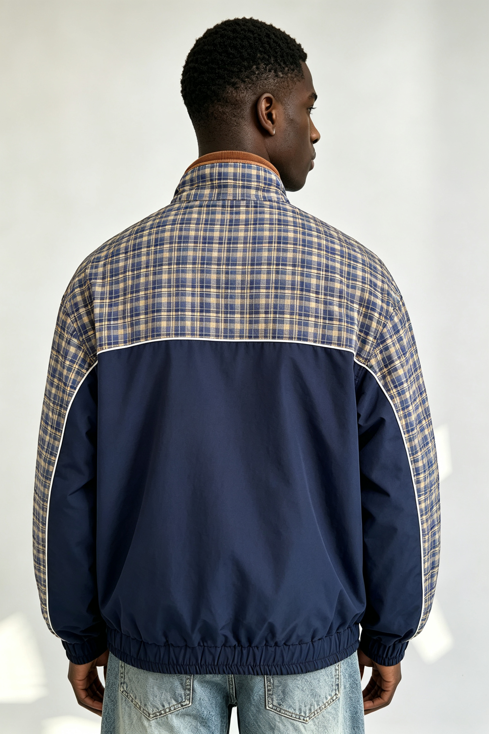 Custom Navy Blue Yellow Plaid Panel Half Zip Windbreaker Jacket | Men Retro Stand Collar Oversized Streetwear Pullover