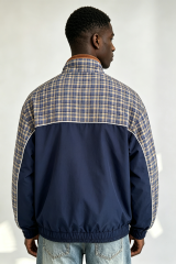 Custom Navy Blue Yellow Plaid Panel Half Zip Windbreaker Jacket | Men Retro Stand Collar Oversized Streetwear Pullover