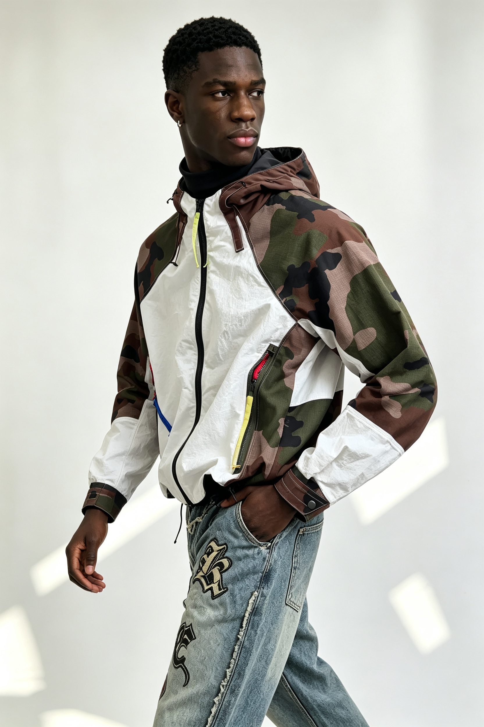 Custom Camo Off-White Color Block Hooded Windbreaker Jacket | Men Neon Zipper Accents Technical Streetwear Anorak