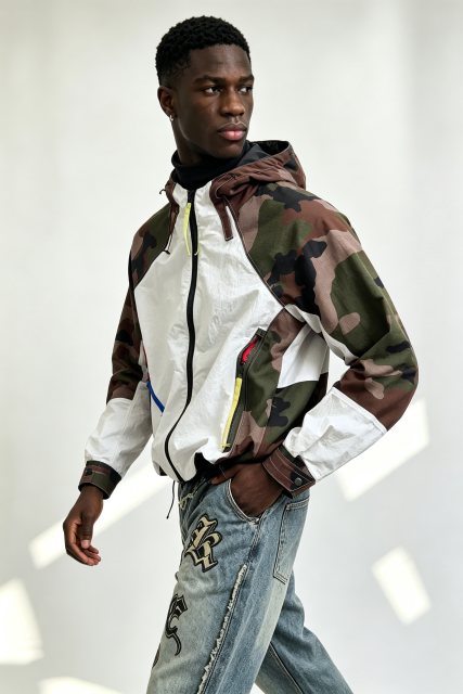 Custom Camo Off-White Color Block Hooded Windbreaker Jacket | Men Neon Zipper Accents Technical Streetwear Anorak