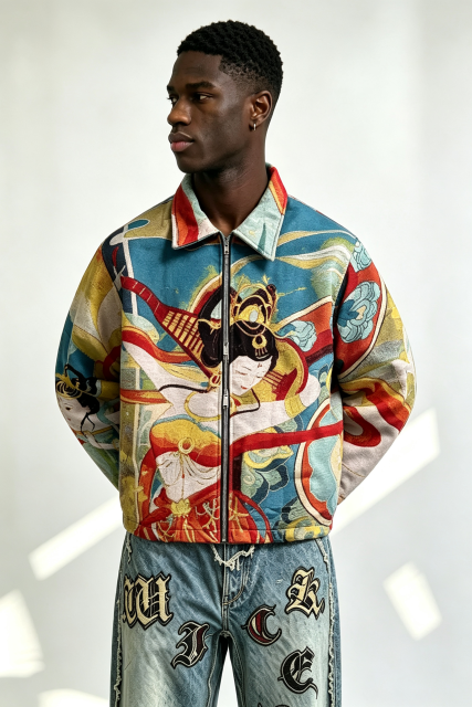 Custom Dunhuang Flying Apsaras Tapestry Jacquard Zip Jacket | Men Full Graphic Woven Art Streetwear Collared Jacket