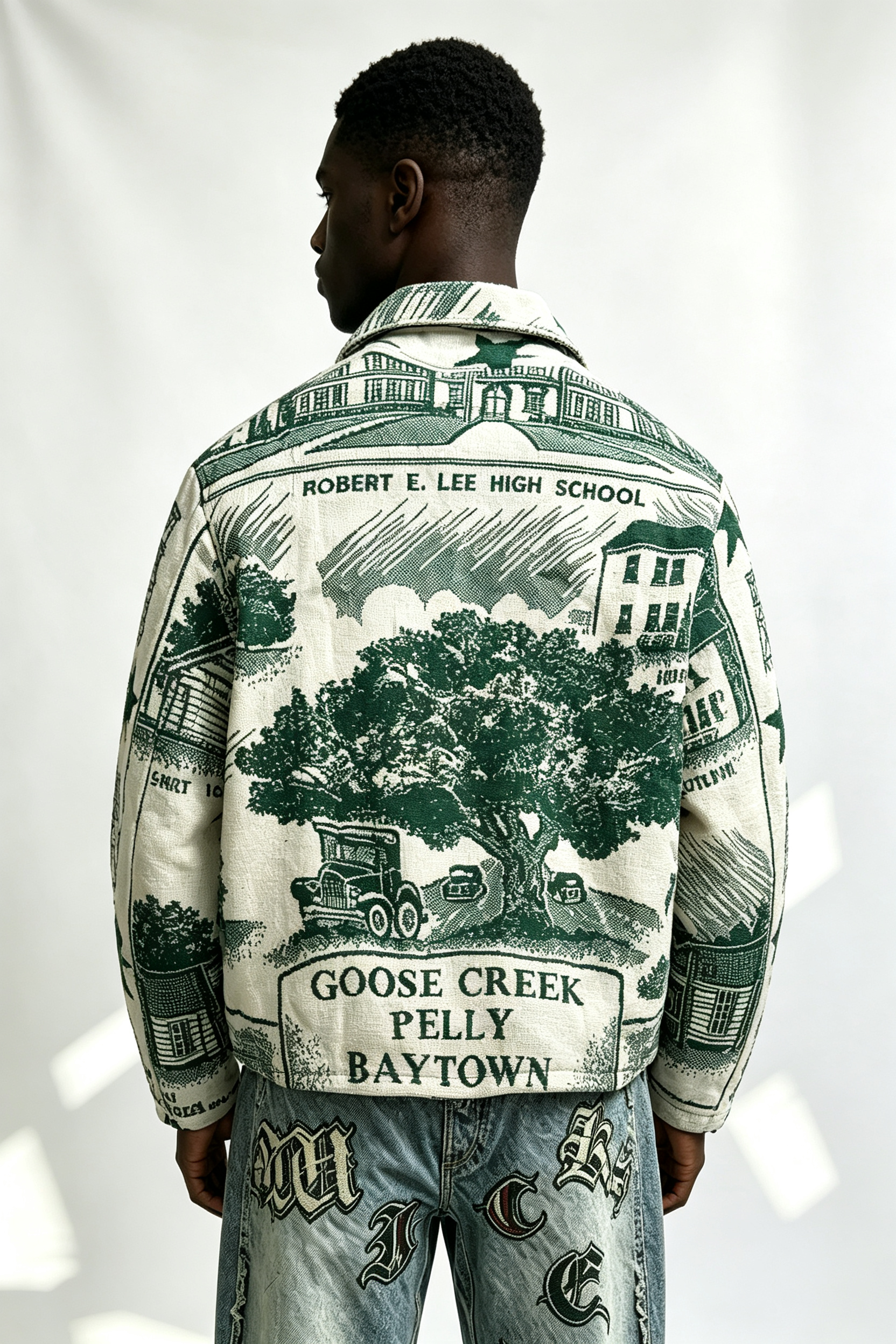 Custom El Monte Motel Green Scenic Tapestry Jacquard Zip Jacket | Men Vintage Townscape Woven Graphic Collared Streetwear Jacket
