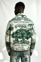 Custom El Monte Motel Green Scenic Tapestry Jacquard Zip Jacket | Men Vintage Townscape Woven Graphic Collared Streetwear Jacket