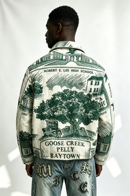 Custom El Monte Motel Green Scenic Tapestry Jacquard Zip Jacket | Men Vintage Townscape Woven Graphic Collared Streetwear Jacket