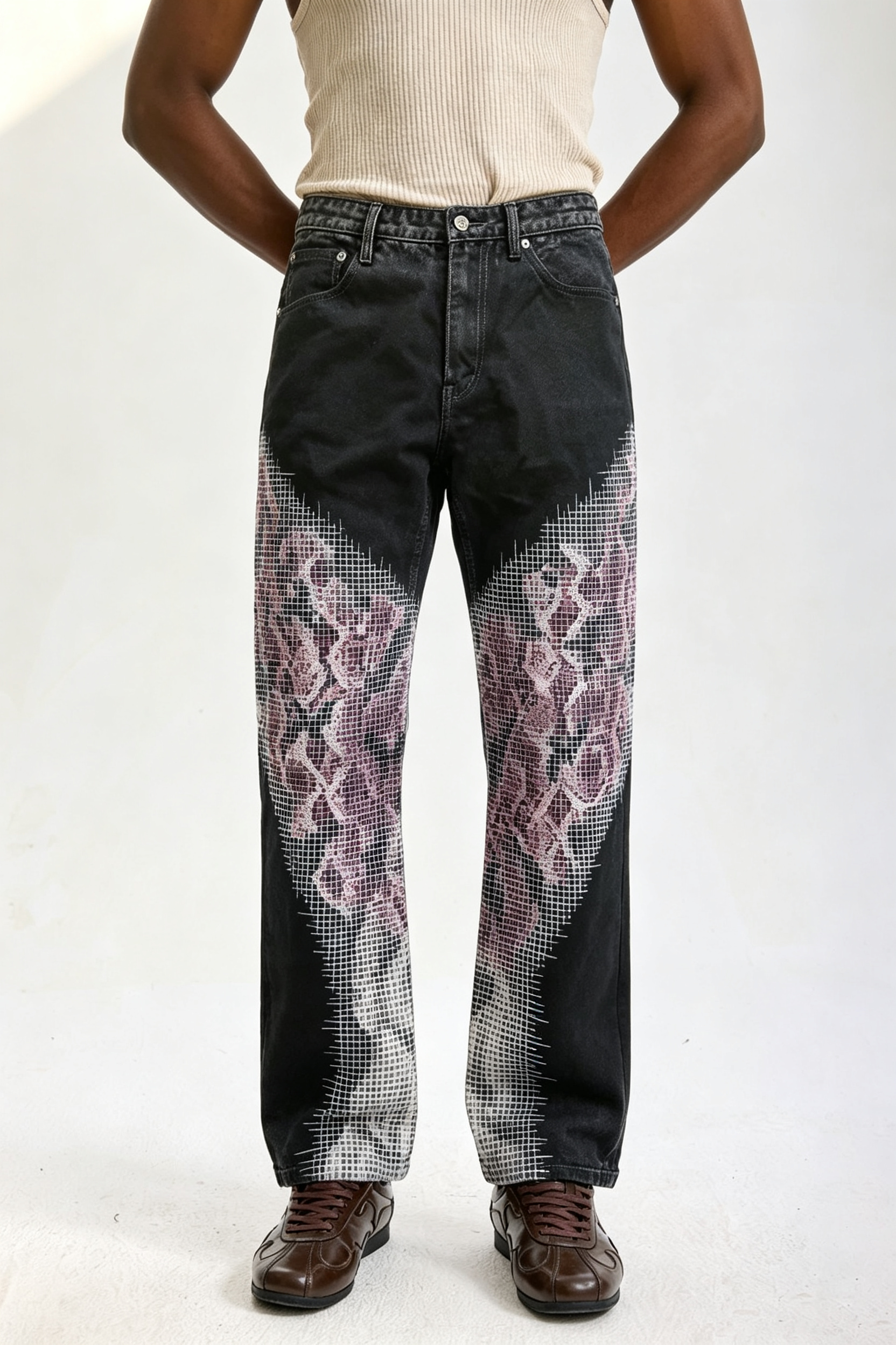 Custom Black Flare Jeans with Pixel Gradient Snake Print | Men Retro Wide Leg Streetwear Graphic Denim Pants