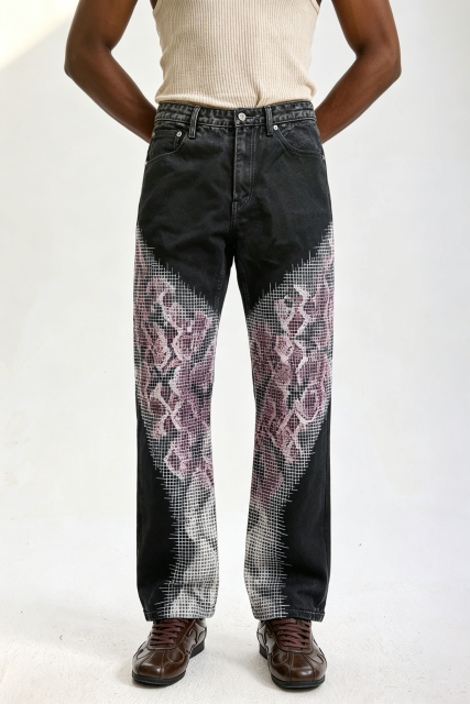 Custom Black Flare Jeans with Pixel Gradient Snake Print | Men Retro Wide Leg Streetwear Graphic Denim Pants