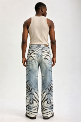 Custom Acid Wash Ink Mountain Landscape Print Wide Leg Jeans | Men Faded Vintage Streetwear Denim Pants