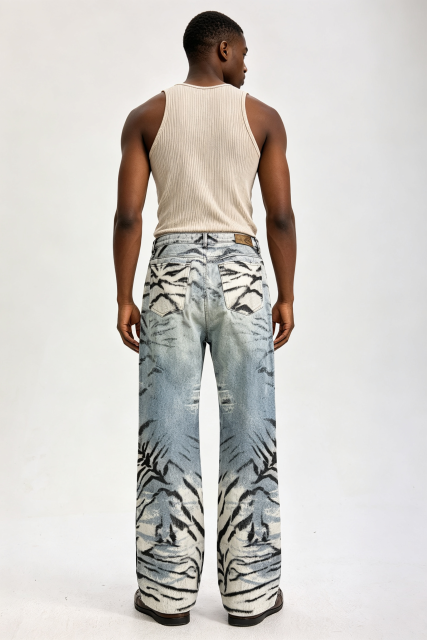 Custom Acid Wash Ink Mountain Landscape Print Wide Leg Jeans | Men Faded Vintage Streetwear Denim Pants
