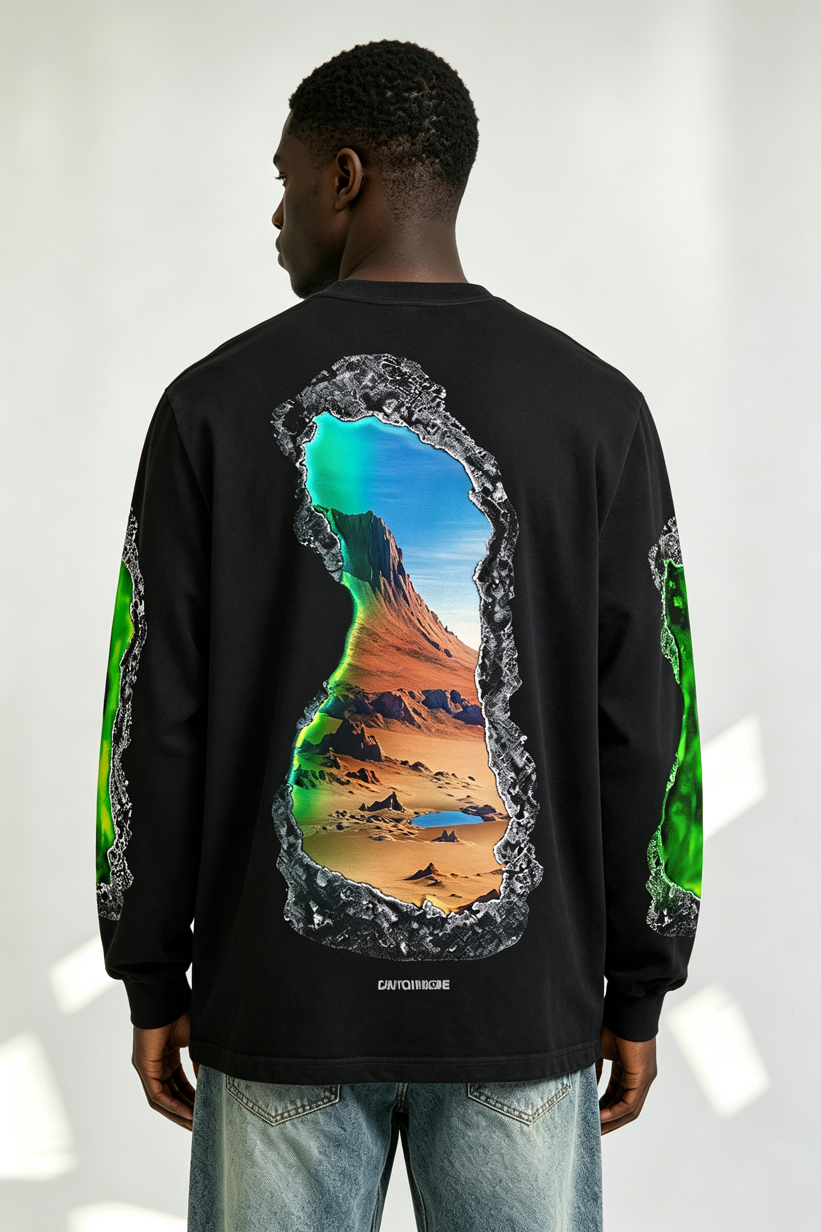 Custom Black Crewneck Sweatshirt Gradient Cave Liquid Graphic Print | Men Oversized Streetwear Long Sleeve Sweatshirt