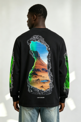 Custom Black Crewneck Sweatshirt Gradient Cave Liquid Graphic Print | Men Oversized Streetwear Long Sleeve Sweatshirt