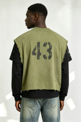 Custom R. Martinez 43 Layered Look Paint Splatter Henley Vest Over Long Sleeve Tee | Men Distressed Streetwear 2-in-1 Top