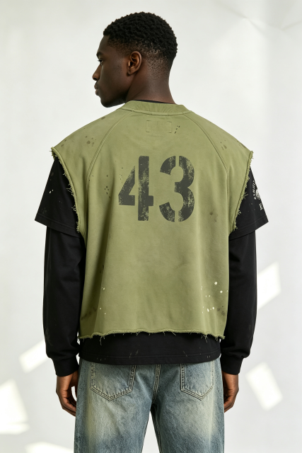 Custom R. Martinez 43 Layered Look Paint Splatter Henley Vest Over Long Sleeve Tee | Men Distressed Streetwear 2-in-1 Top