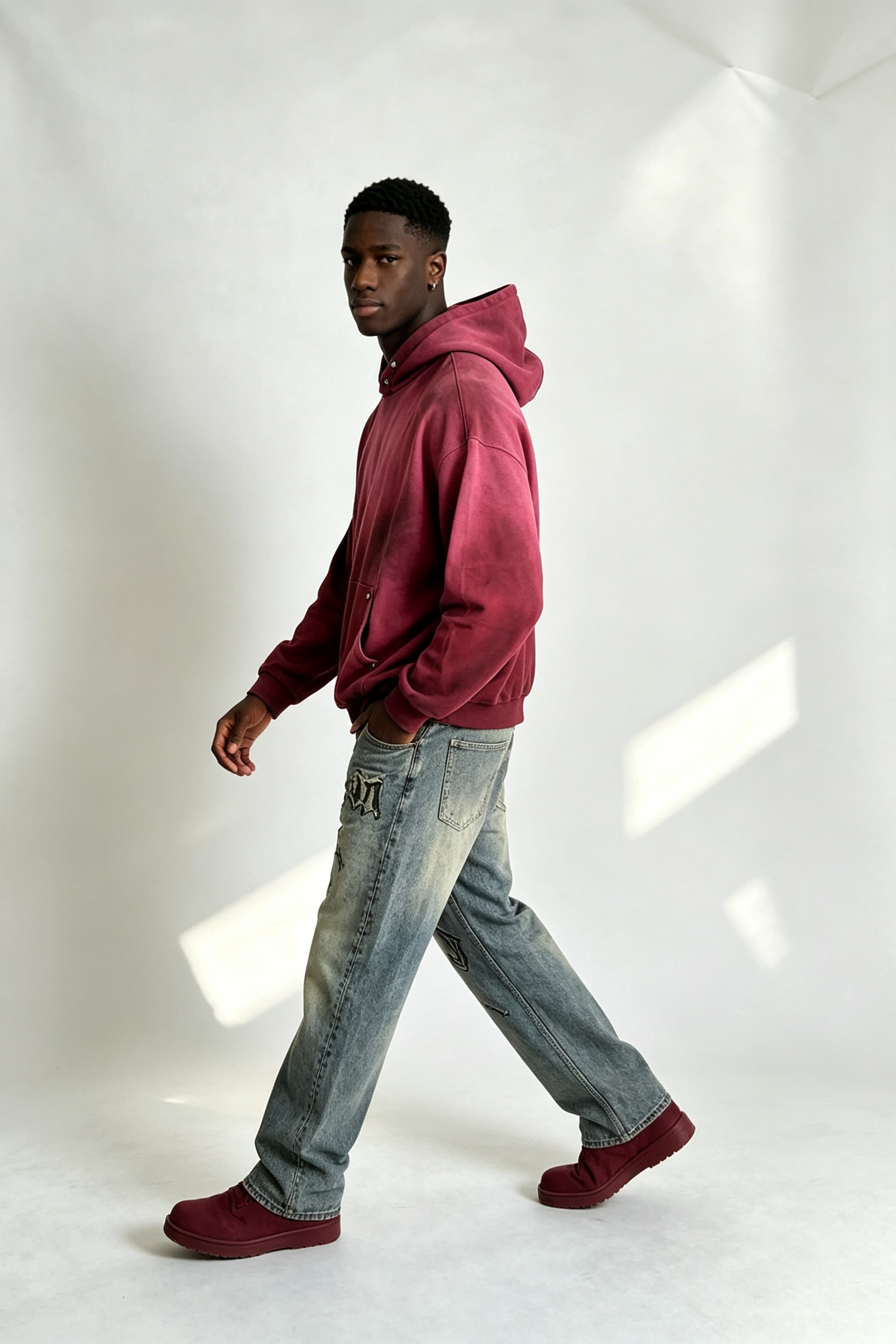 Custom Burgundy Gradient Sun Faded Hoodie | Men Oversized Vintage Washed Streetwear Hooded Sweatshirt