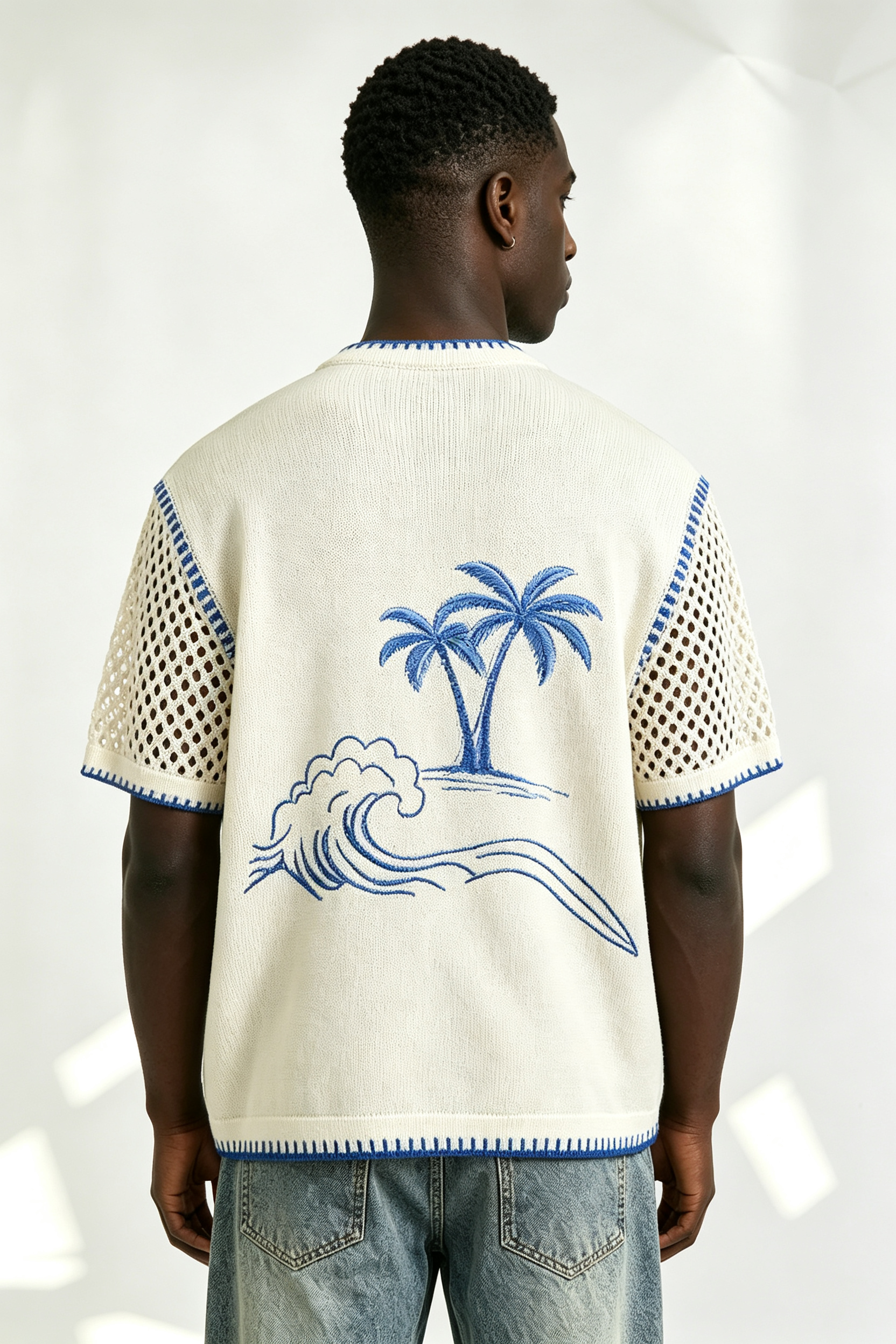 Custom Off-White Palm Tree Wave Embroidery Mesh Sleeve Knit Sweater | Men Boxy Oversized Coastal Short Sleeve Top
