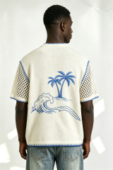 Custom Off-White Palm Tree Wave Embroidery Mesh Sleeve Knit Sweater | Men Boxy Oversized Coastal Short Sleeve Top