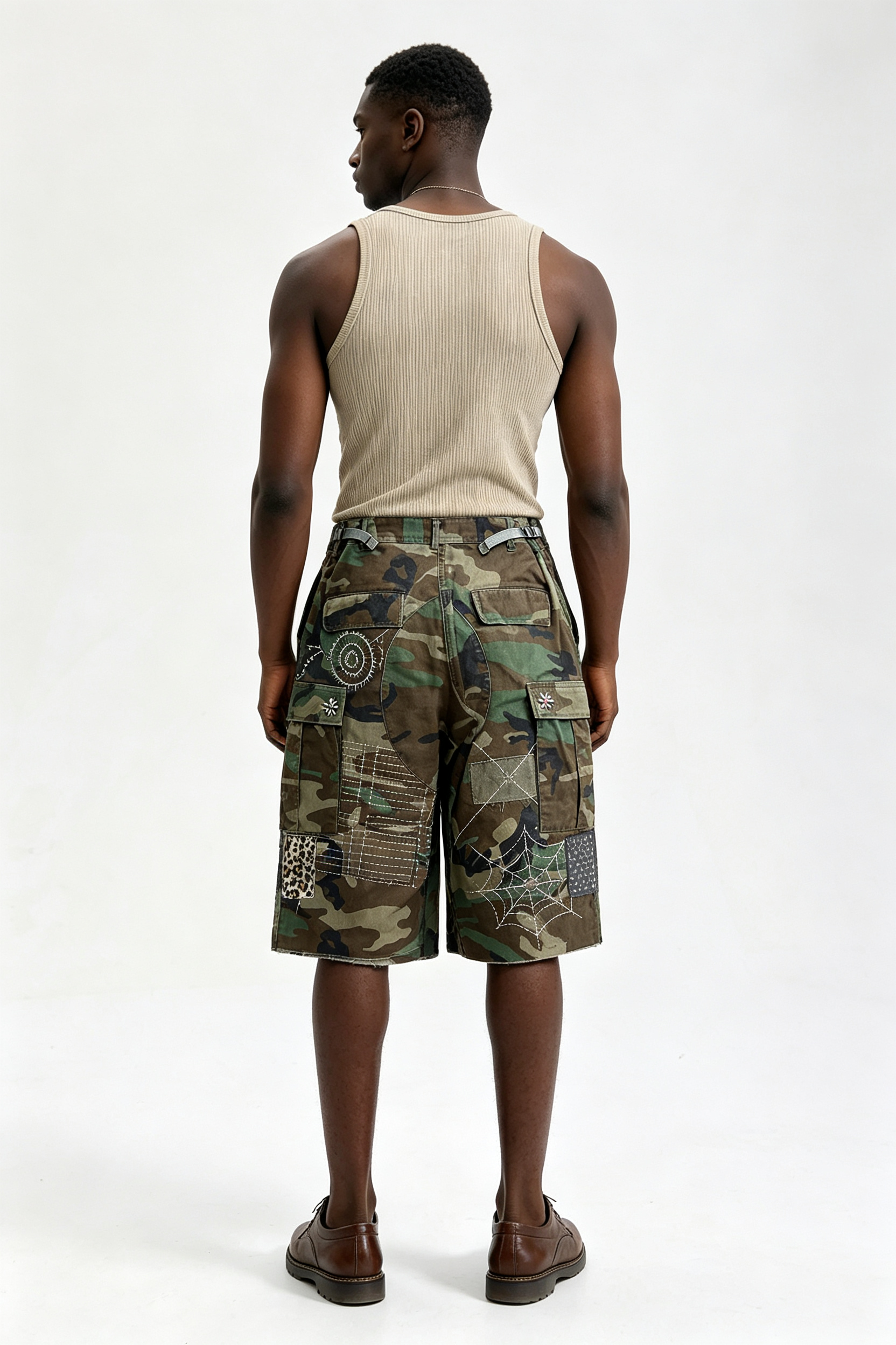 Custom Camo Patchwork Cargo Shorts with Hand Stitch Embroidery | Men Distressed Streetwear Jort Knee Length Shorts
