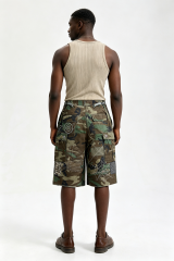Custom Camo Patchwork Cargo Shorts with Hand Stitch Embroidery | Men Distressed Streetwear Jort Knee Length Shorts