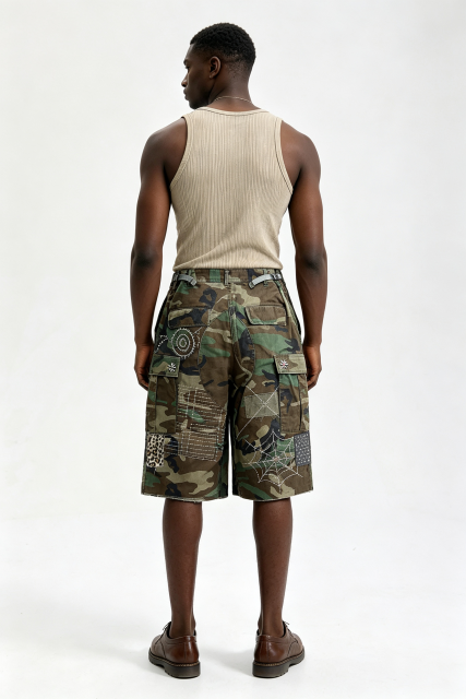 Custom Camo Patchwork Cargo Shorts with Hand Stitch Embroidery | Men Distressed Streetwear Jort Knee Length Shorts