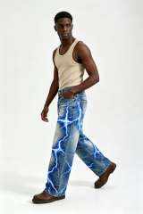 Custom Vintage Washed Blue Lightning Graphic Print Baggy Wide Leg Jeans | Men Y2K Streetwear Denim Pants